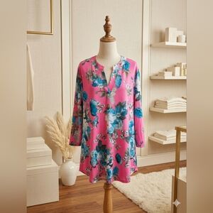 Dear Scarlett Pink & Blue Floral 3/4 Sleeve Top 2X